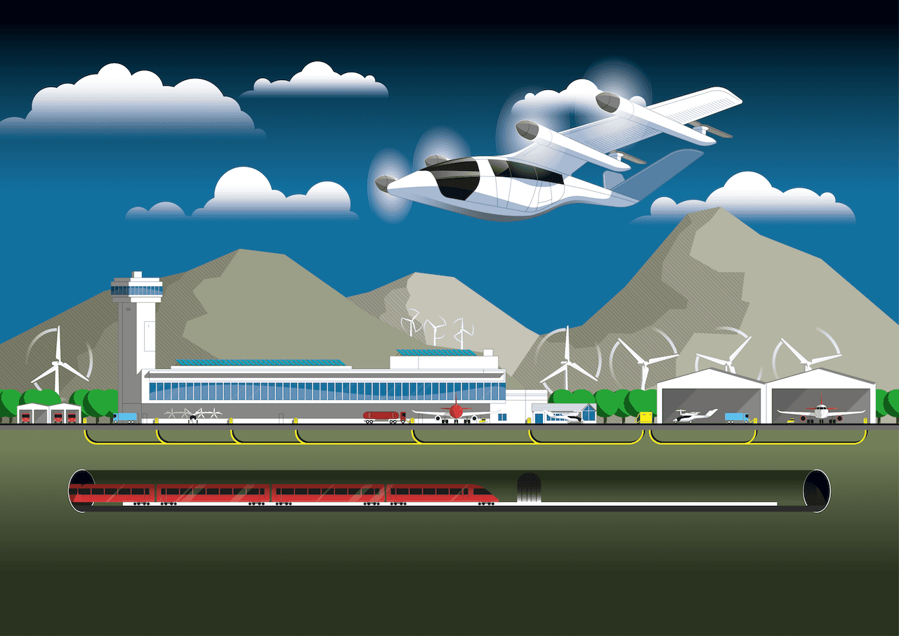 Unannotated illustration depicting near future airport activities